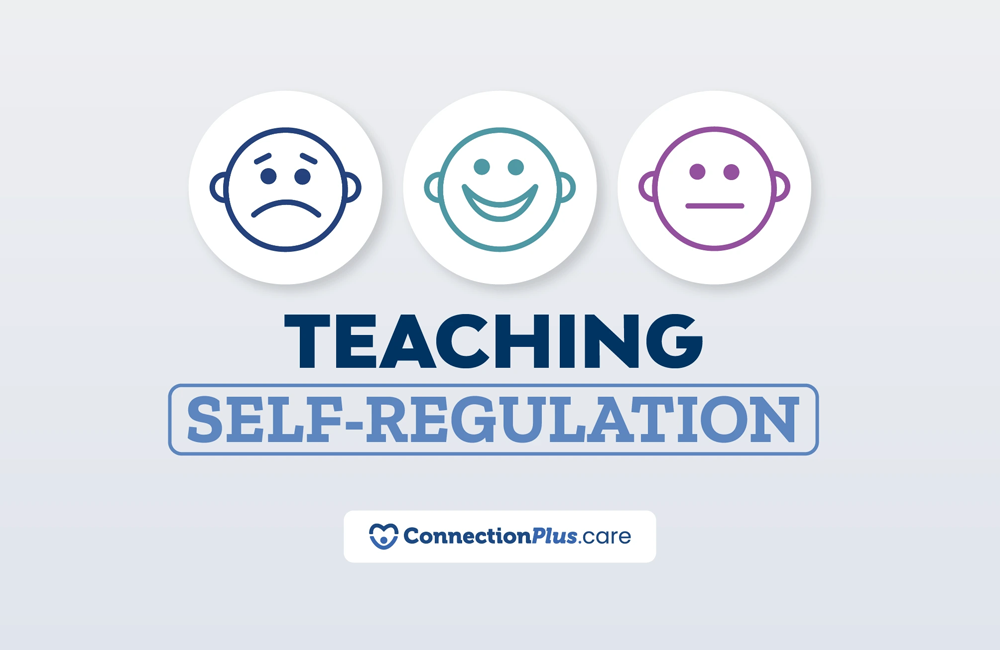 Three circular icons displaying simple line‑drawn faces—sad, happy, and neutral—above the title “Teaching Self‑Regulation,” with the ConnectionPlus.care logo beneath the text.