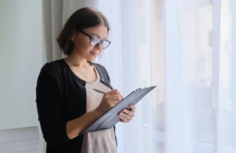 A person stands indoors holding a clipboard and writing on it near a window with sheer curtains.