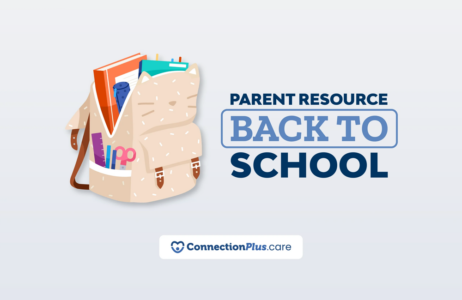 An illustrated cat‑themed backpack filled with school supplies next to the title “Parent Resource: Back to School,” with the ConnectionPlus.care logo below.