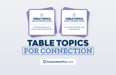 A graphic displaying two illustrated conversation‑prompt cards labeled “Table Topics for Connection,” featuring example questions such as “If a genie granted you 3 wishes, what would they be?” and “If your pets could talk, what would they say?” with the ConnectionPlus.care logo beneath the title.