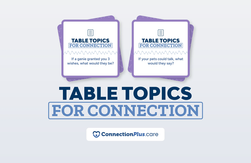 A graphic displaying two illustrated conversation‑prompt cards labeled “Table Topics for Connection,” featuring example questions such as “If a genie granted you 3 wishes, what would they be?” and “If your pets could talk, what would they say?” with the ConnectionPlus.care logo beneath the title.