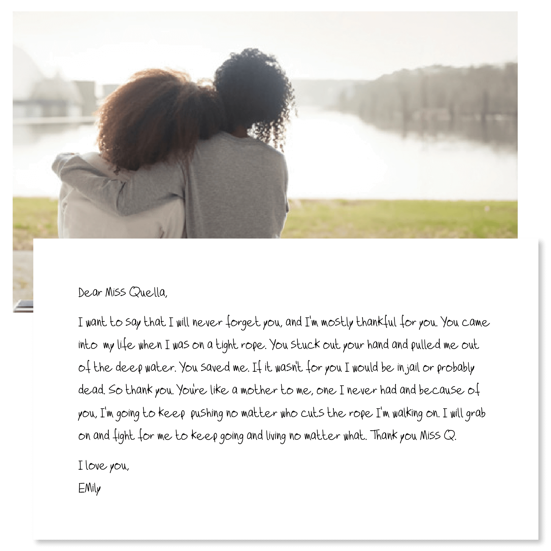 Chosen care manager puts arm around client as they look off onto the lake experiencing healing and connection