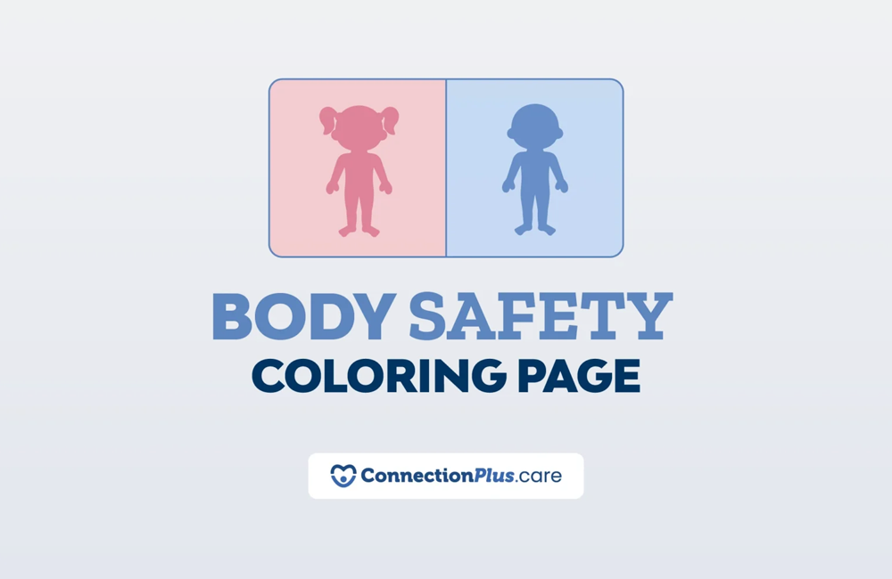 Body Safety Coloring Page graphic with pink and blue child silhouettes and the ConnectionPlus.care logo on a light gradient background.