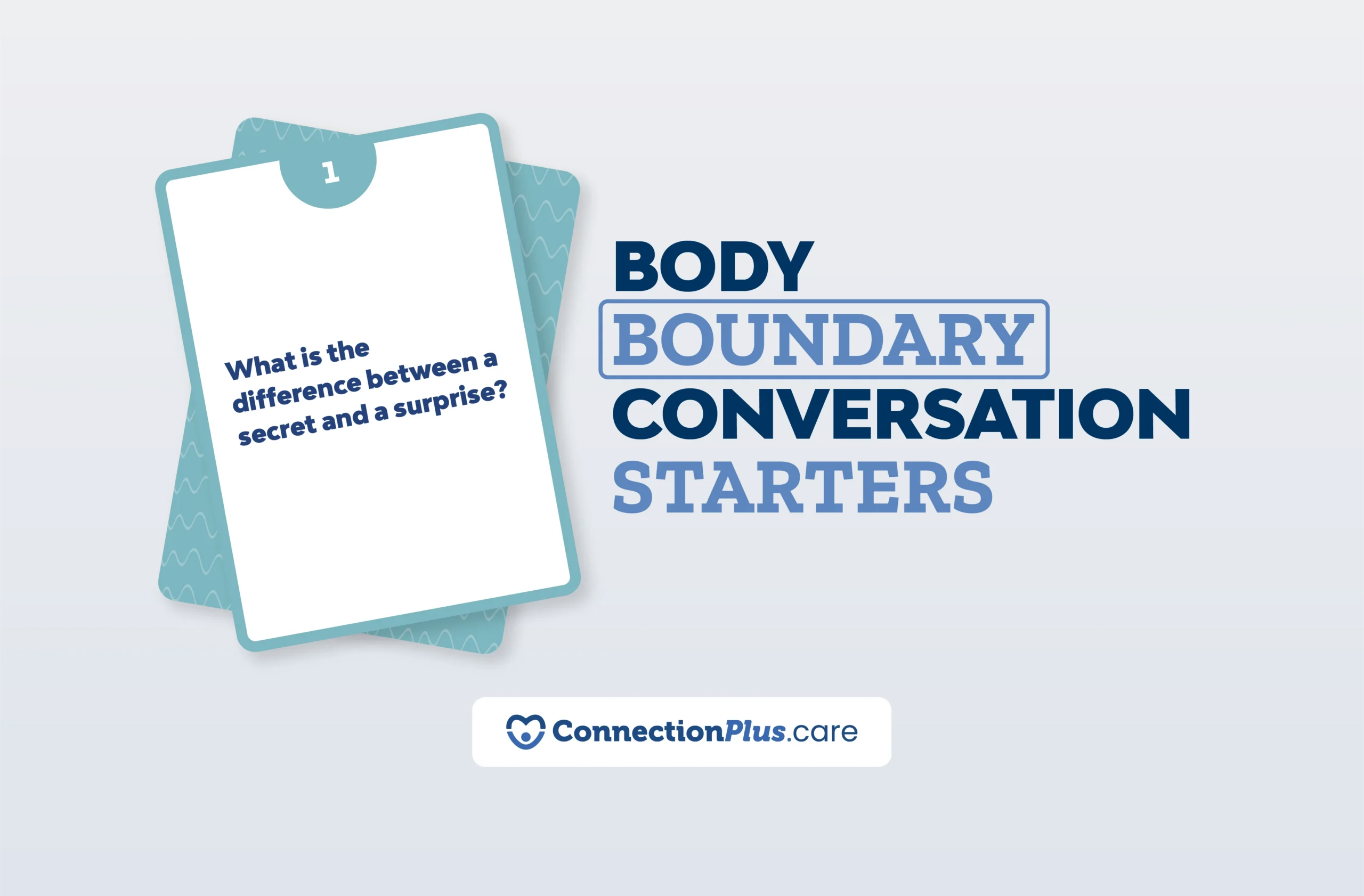 Graphic showing a Body Boundary Conversation Starter card that reads ‘What is the difference between a secret and a surprise?’ alongside the title ‘Body Boundary Conversation Starters’ and the ConnectionPlus.care logo on a light gradient background.
