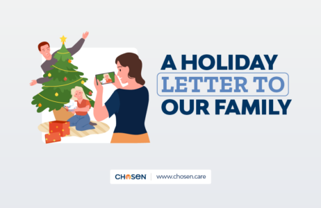 Graphic design featuring three circular icons: a document with a target symbol, a film strip with a play button, and a smartphone with a profile image. Below the icons, the text reads: "Tolerable Connection: A Caregiver’s Brainstorming Guide." The logo "Chosen" and the website "www.chosen.care" are displayed at the bottom.