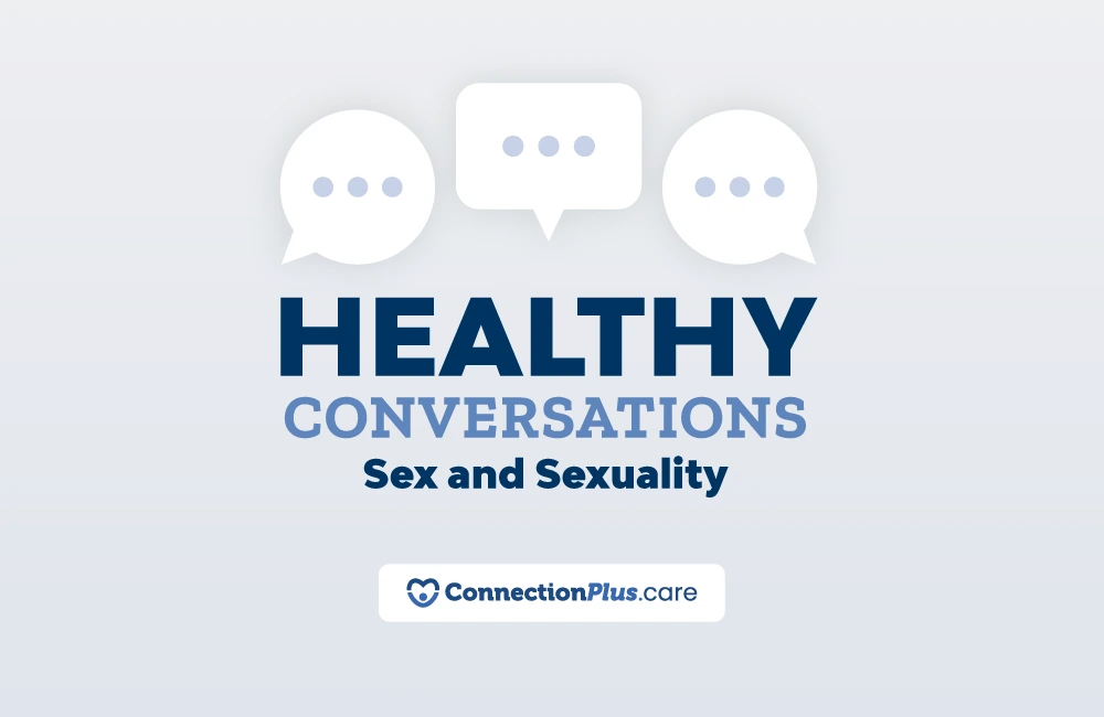 A graphic with three speech bubbles above the text ‘Healthy Conversations: Sex and Sexuality.’ At the bottom is the ConnectionPlus.care logo.