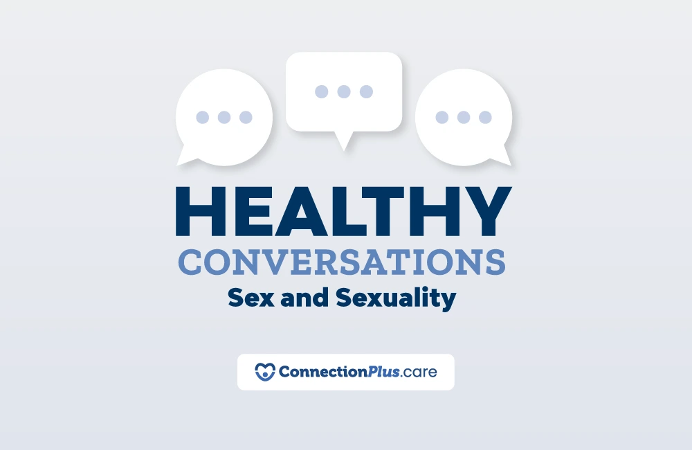 A graphic with three speech bubbles above the text ‘Healthy Conversations: Sex and Sexuality.’ At the bottom is the ConnectionPlus.care logo.