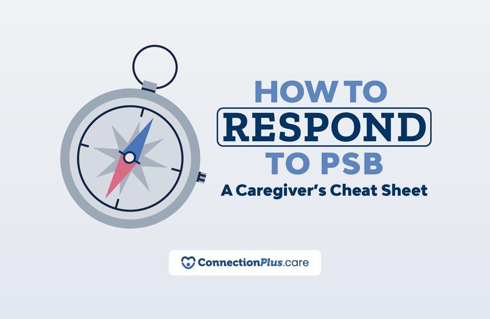 A stylized compass icon appears to the left of bold text reading “HOW TO RESPOND TO PSB – A Caregiver’s Cheat Sheet,” with the ConnectionPlus.care logo displayed underneath.