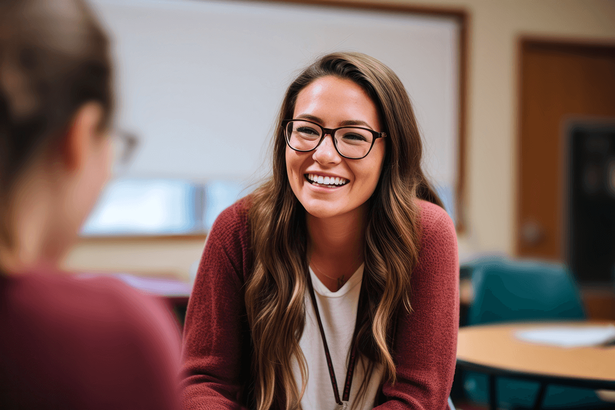 A smiling young woman with glasses and long brown hair engages in a supportive conversation in a classroom setting.