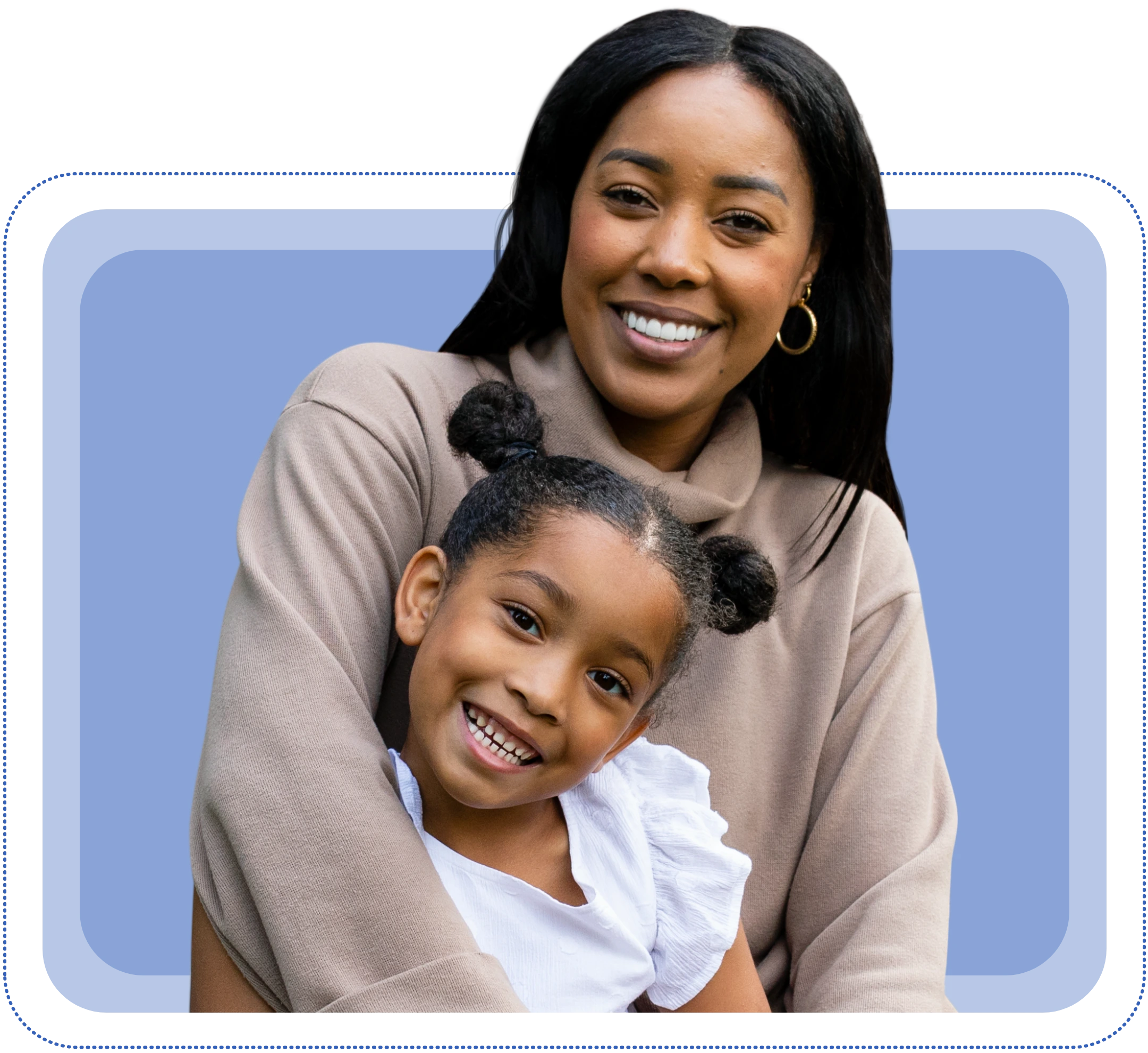 Smiling mother hugging her young daughter, representing family connection and support.