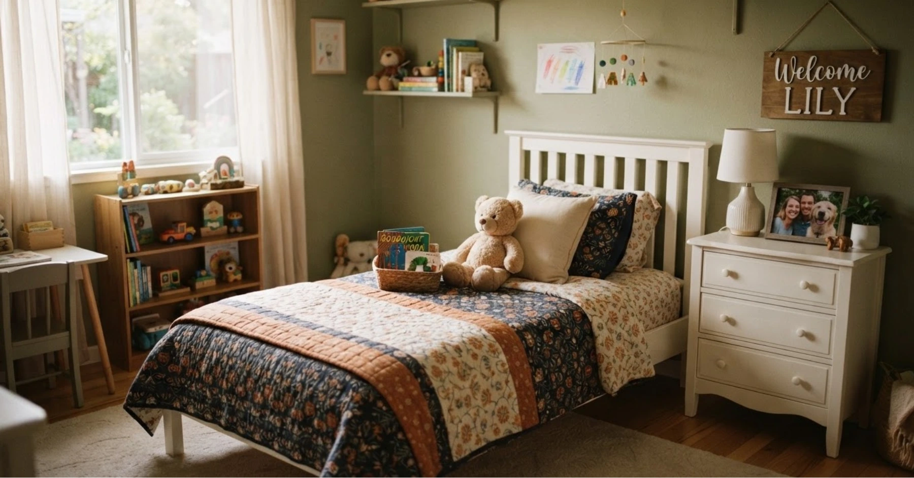 Cozy child’s bedroom with a white bed, quilted bedding, teddy bear, bookshelf, toys, and nursery decor