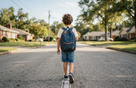 Child with a backpack walking alone on a residential street, representing compassionate support for children with problematic sexual behavior