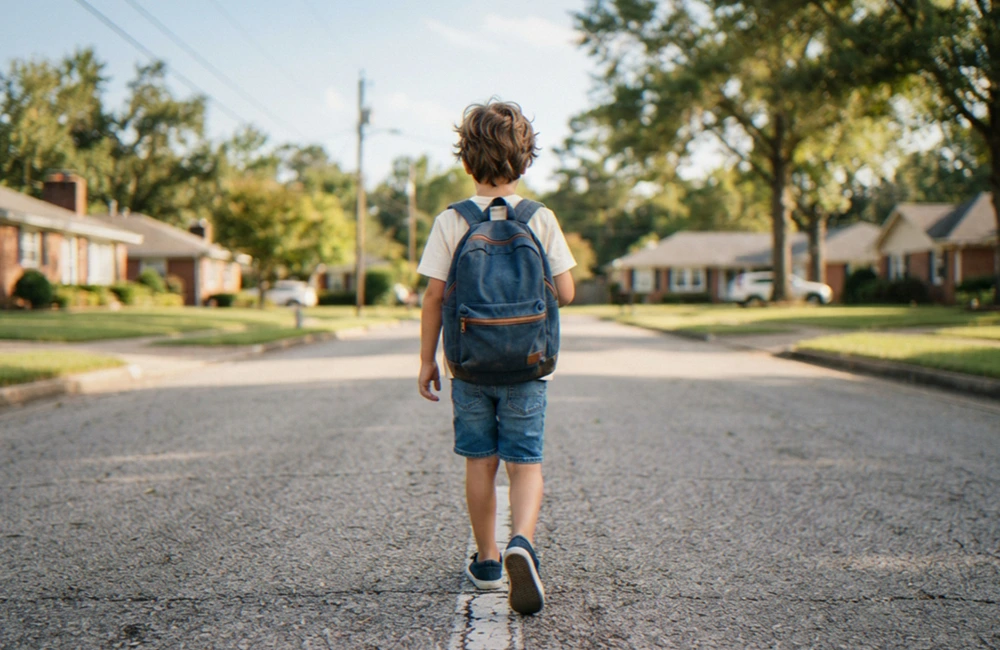 Child with a backpack walking alone on a residential street, representing compassionate support for children with problematic sexual behavior